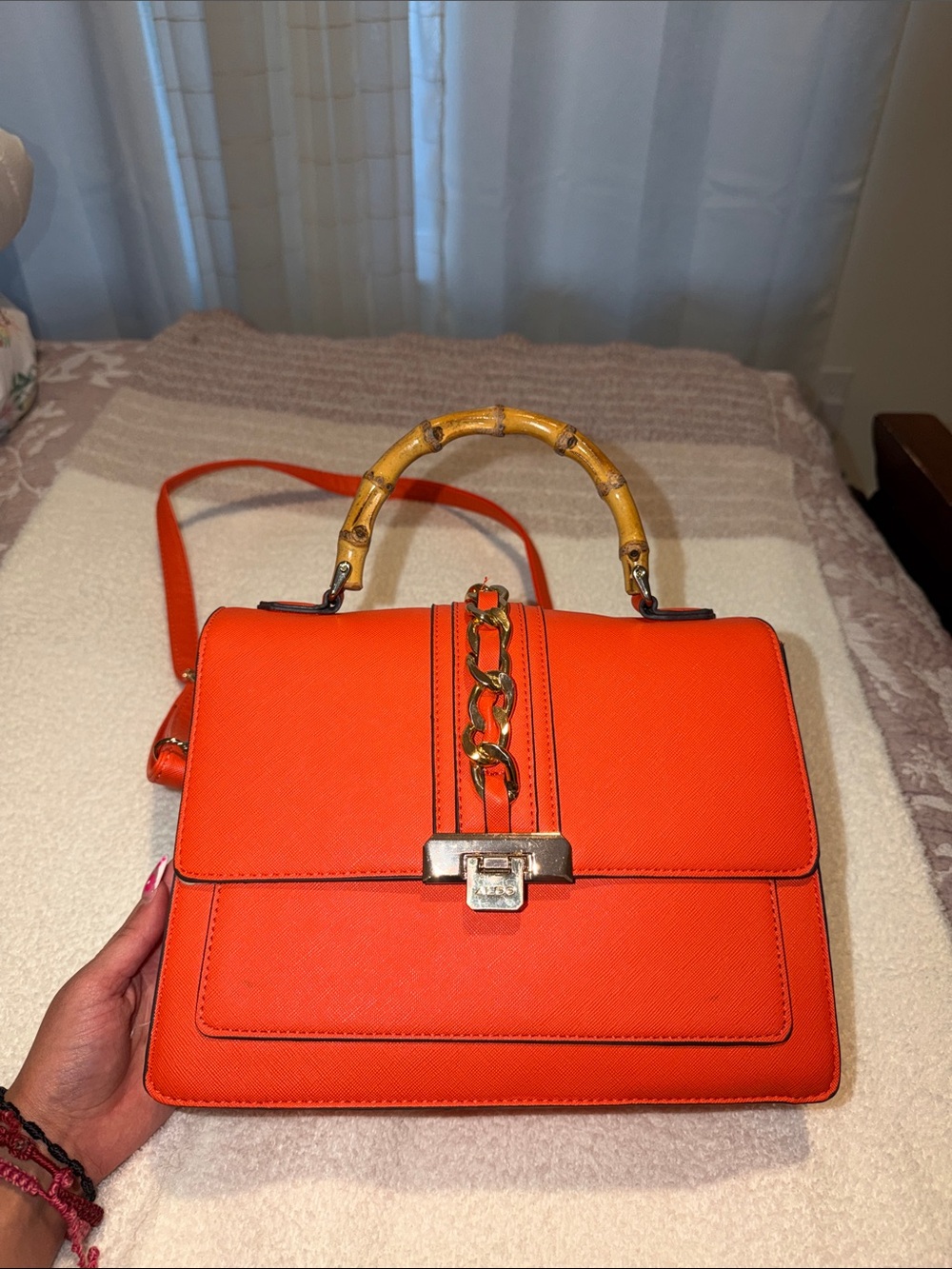 Aldo Bright Orange Crossbody Satchel with Bamboo Top Handle